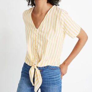 Madewell yellow and white striped tie front top